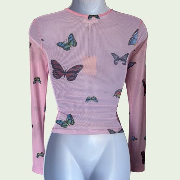 Superdown NWT "Ari" Pink Butterflies Sheer Mesh Long Sleeve T Shirt size XS - Picture 6 of 9